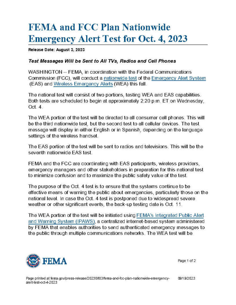 Notice FEMA and FCC Conducting Nationwide Emergency Alert Test